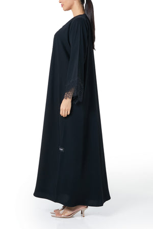 Black Layan Crepe Abaya, Lace Detail
