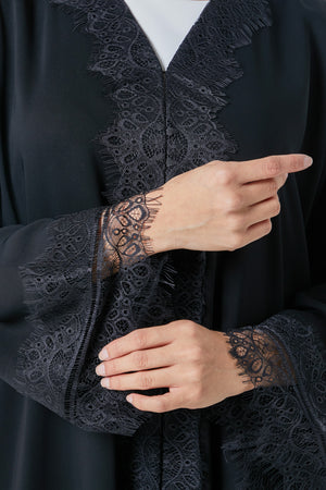 Black Layan Crepe Abaya, Lace Detail