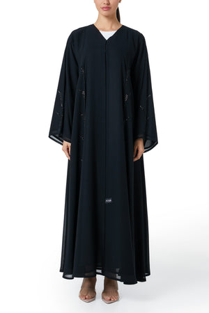 Black malika chiffon Custom Abaya, Front Beadwork Detail