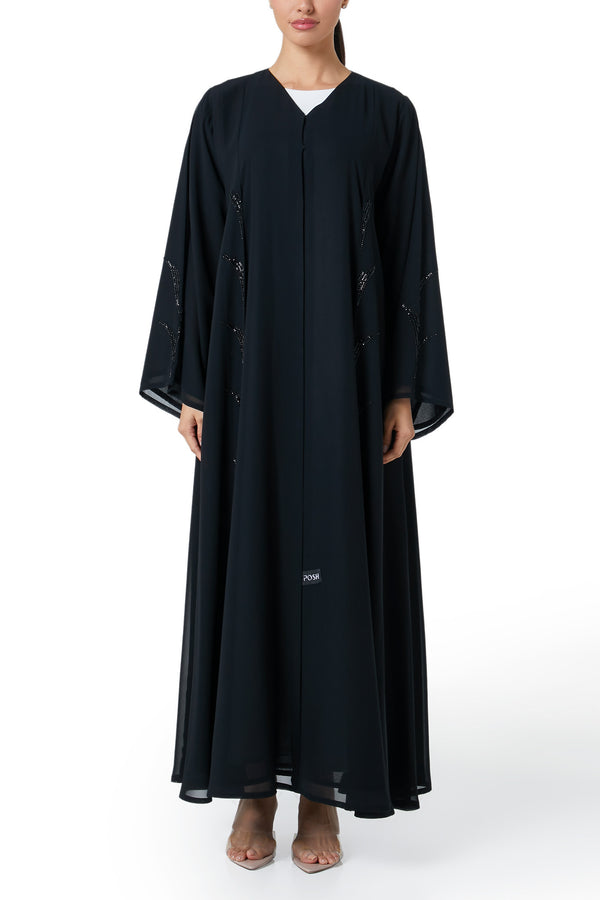 Black malika chiffon Custom Abaya, Front Beadwork Detail