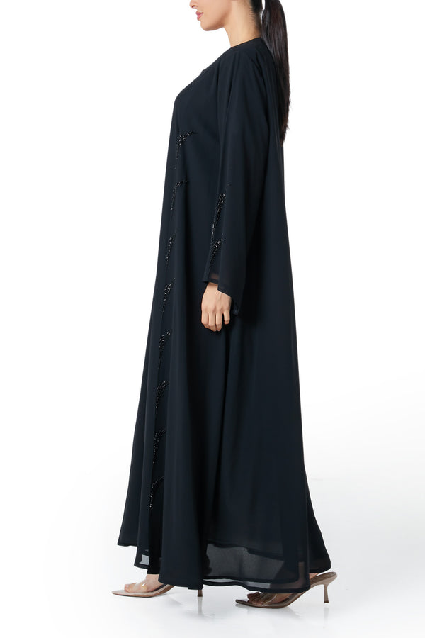 Black malika chiffon Custom Abaya, Front Beadwork Detail