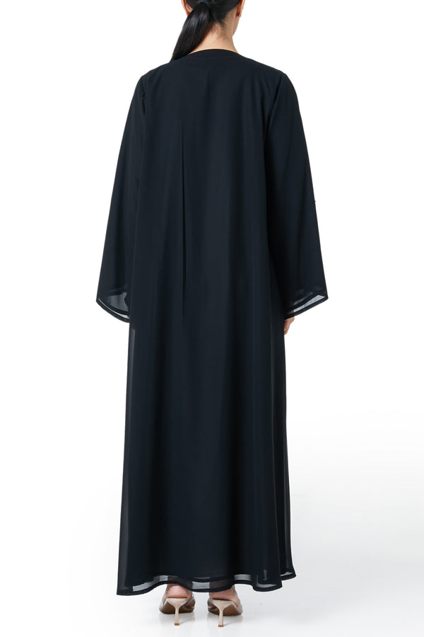 Black malika chiffon Custom Abaya, Front Beadwork Detail