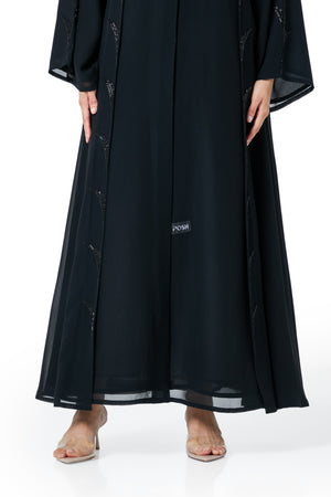 Black malika chiffon Custom Abaya, Front Beadwork Detail