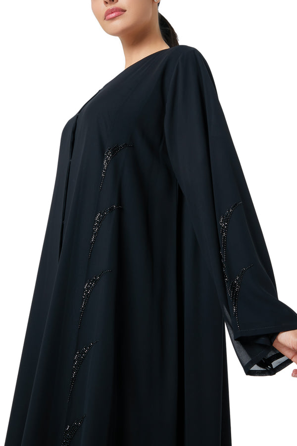 Black malika chiffon Custom Abaya, Front Beadwork Detail