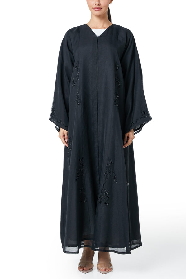 Black plain organza Custom Abaya, Front Beadwork Detail