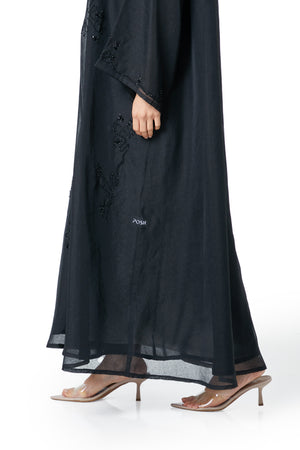 Black plain organza Custom Abaya, Front Beadwork Detail