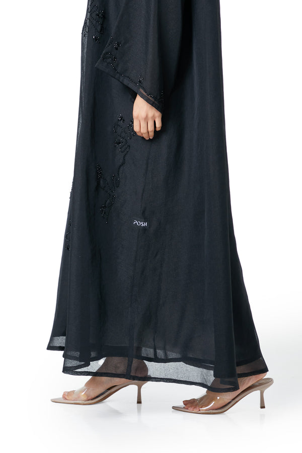 Black plain organza Custom Abaya, Front Beadwork Detail
