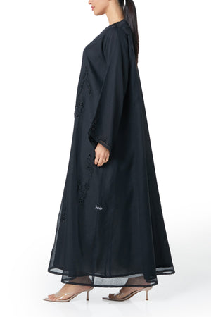 Black plain organza Custom Abaya, Front Beadwork Detail