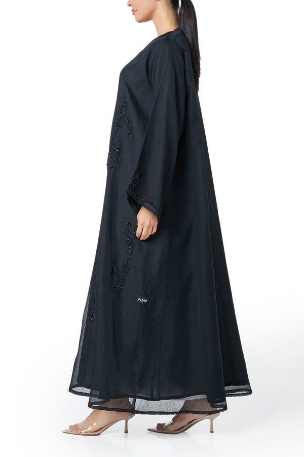 Black plain organza Custom Abaya, Front Beadwork Detail