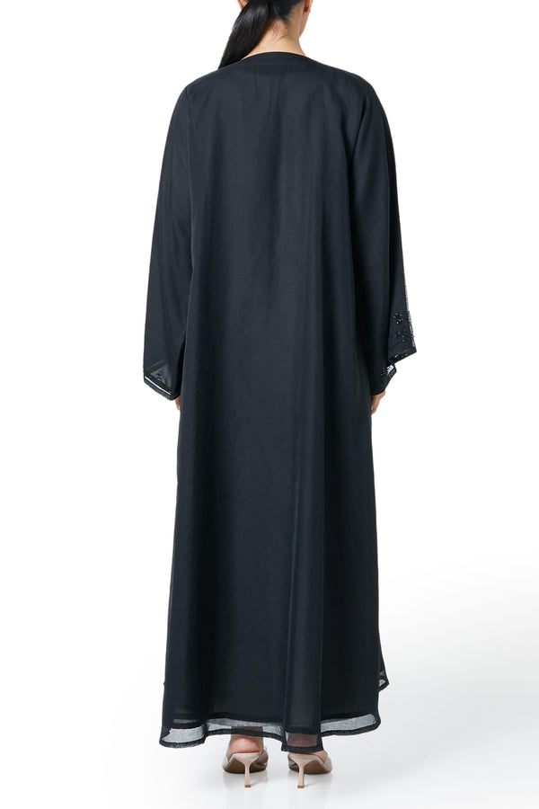 Black plain organza Custom Abaya, Front Beadwork Detail