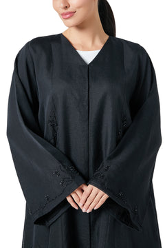 Black plain organza Custom Abaya, Front Beadwork Detail