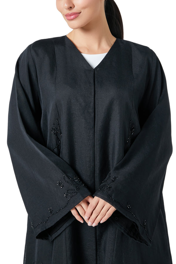 Black plain organza Custom Abaya, Front Beadwork Detail