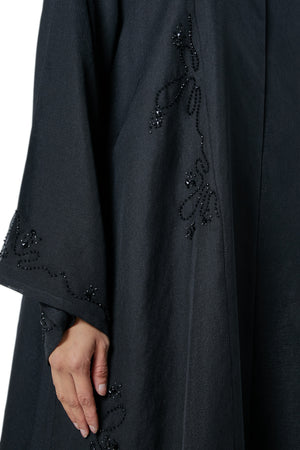 Black plain organza Custom Abaya, Front Beadwork Detail