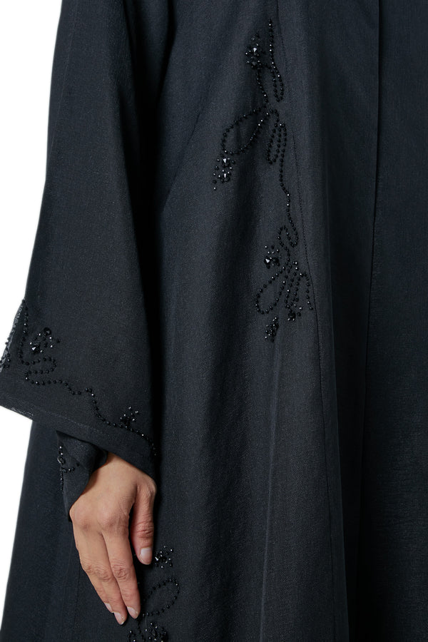 Black plain organza Custom Abaya, Front Beadwork Detail