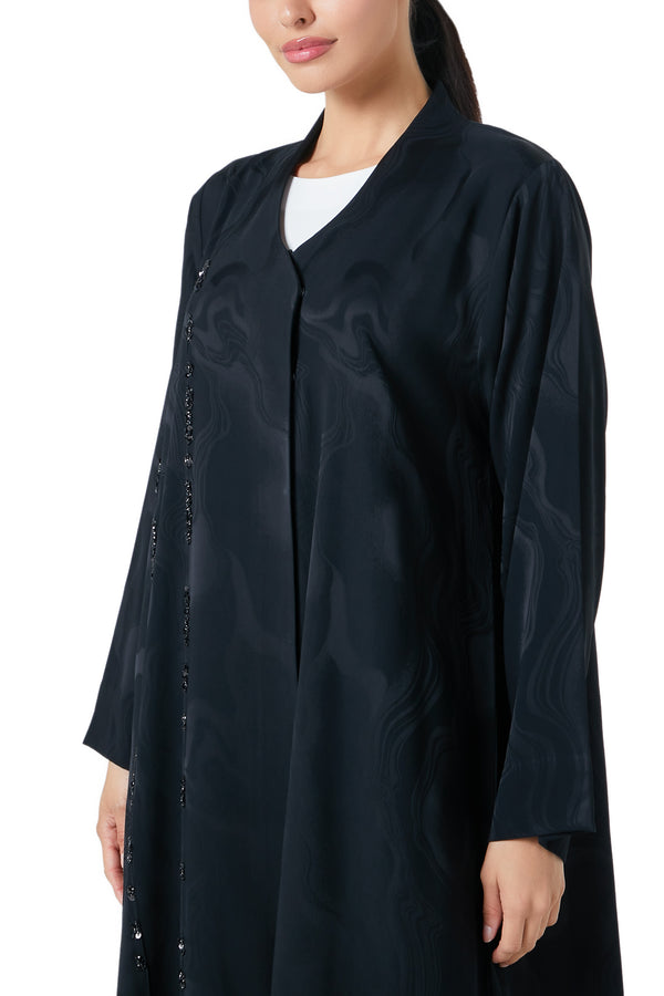 Black esme jacquard Abaya, Front Beadwork