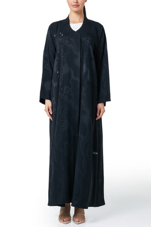 Black esme jacquard Abaya, Front Beadwork