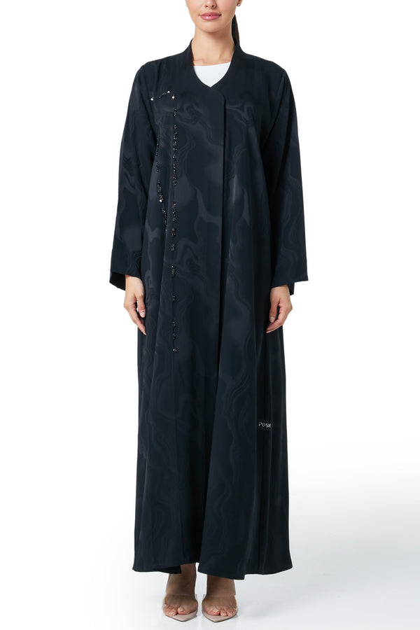 Black esme jacquard Abaya, Front Beadwork