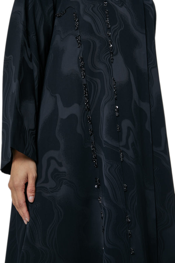 Black esme jacquard Abaya, Front Beadwork