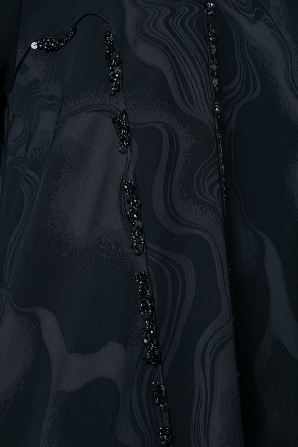 Black esme jacquard Abaya, Front Beadwork