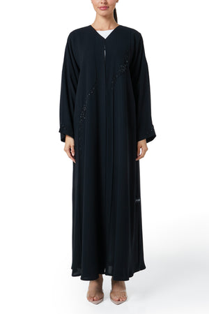 Black Wave Crepe Custom Abaya, Front Beadwork