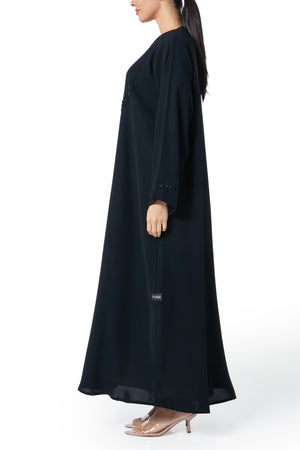Black Wave Crepe Custom Abaya, Front Beadwork