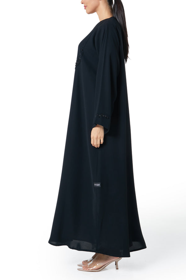 Black Wave Crepe Custom Abaya, Front Beadwork