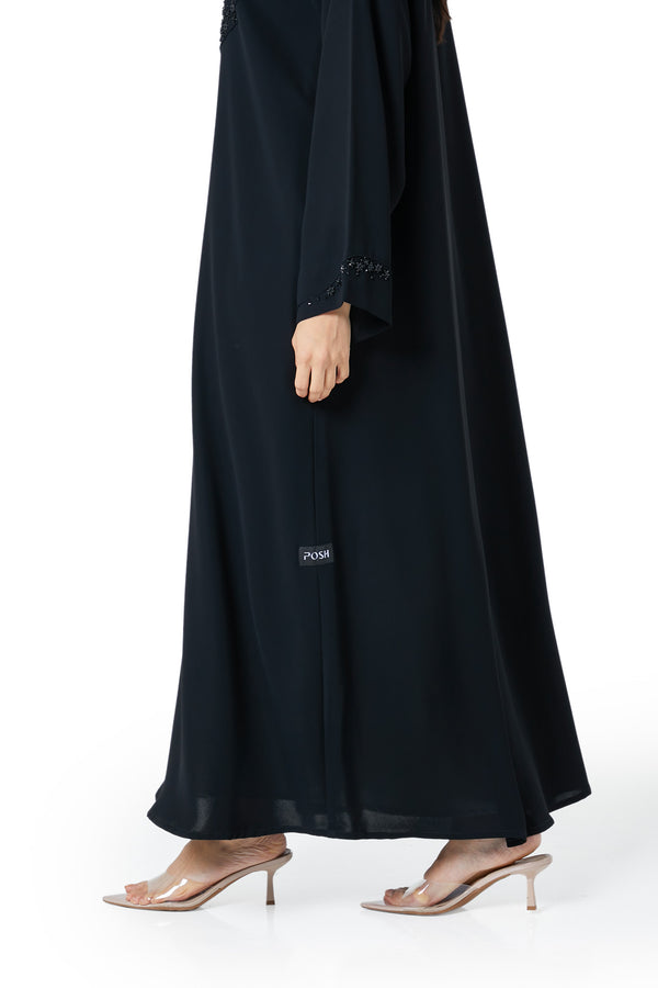 Black Wave Crepe Custom Abaya, Front Beadwork