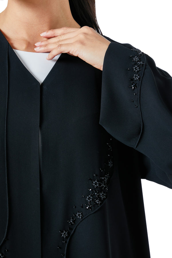 Black Wave Crepe Custom Abaya, Front Beadwork