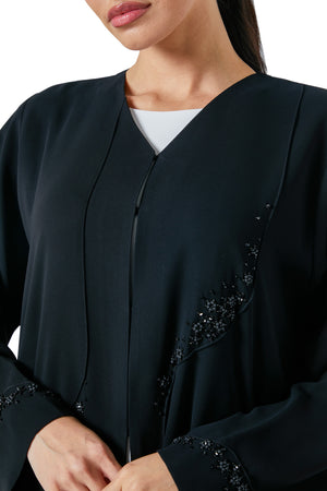 Black Wave Crepe Custom Abaya, Front Beadwork