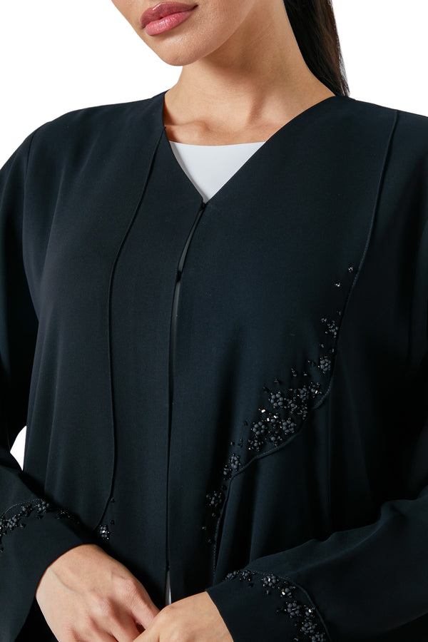 Black Wave Crepe Custom Abaya, Front Beadwork