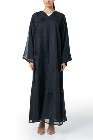 Black plain organza Custom Abaya, Front Beadwork Detail