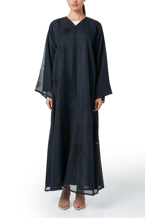 Black plain organza Custom Abaya, Front Beadwork Detail