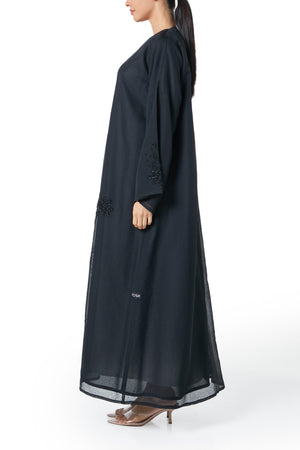 Black plain organza Custom Abaya, Front Beadwork Detail