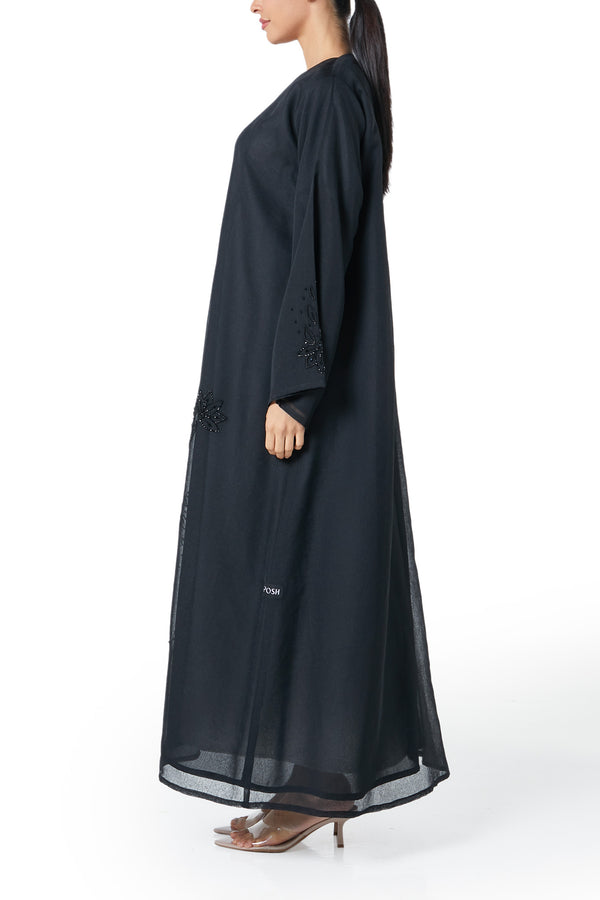 Black plain organza Custom Abaya, Front Beadwork Detail