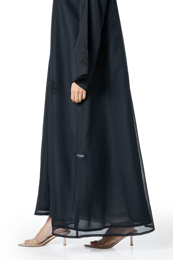 Black plain organza Custom Abaya, Front Beadwork Detail