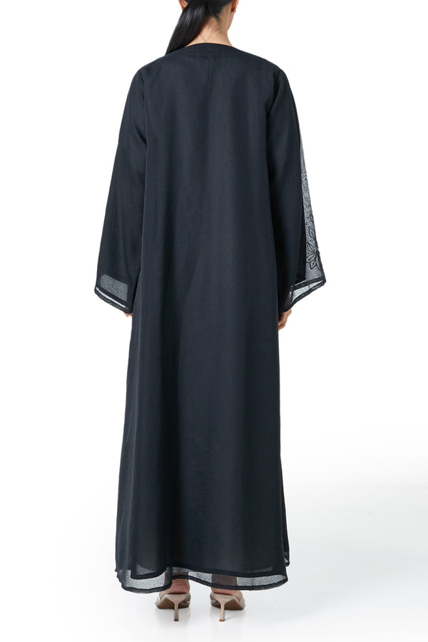 Black plain organza Custom Abaya, Front Beadwork Detail