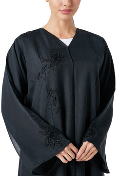 Black plain organza Custom Abaya, Front Beadwork Detail
