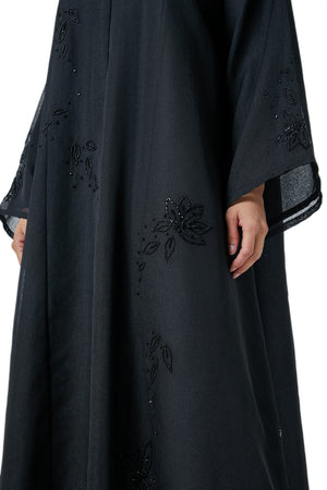 Black plain organza Custom Abaya, Front Beadwork Detail