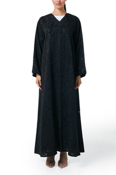 Black flavia jacquard Abaya, Front Beadwork Detail