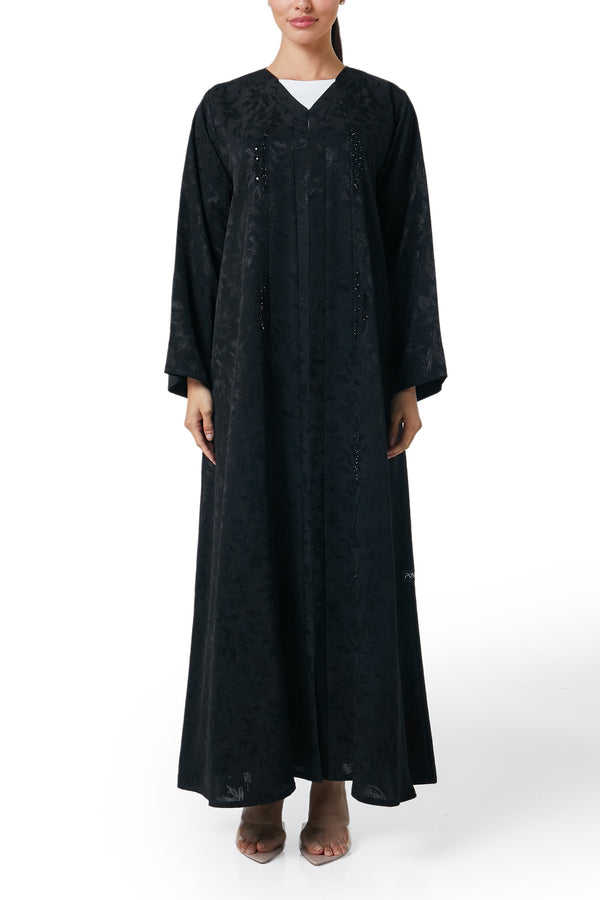 Black flavia jacquard Abaya, Front Beadwork Detail