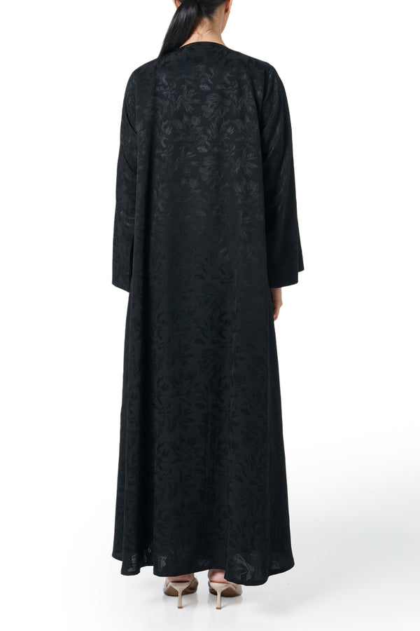 Black flavia jacquard Abaya, Front Beadwork Detail