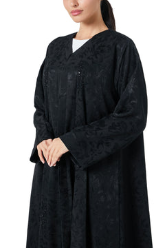 Black flavia jacquard Abaya, Front Beadwork Detail