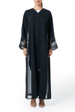 Black Layan Crepe Abaya, Lace Detail