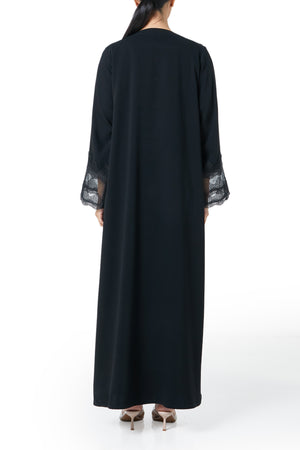 Black Layan Crepe Abaya, Lace Detail