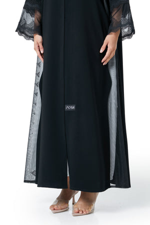 Black Layan Crepe Abaya, Lace Detail