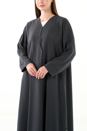 Grey Claire Crepe Abaya with Klosh Cut and Minimal Beadwork