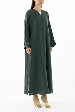 Green Wave Crepe Abaya with Side and Sleeves Loop Detail