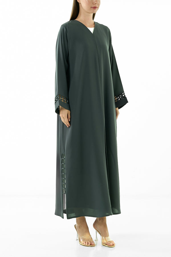 Green Wave Crepe Abaya with Side and Sleeves Loop Detail