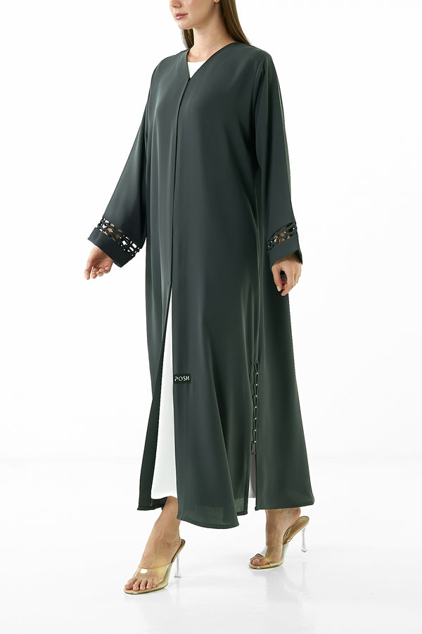 Green Wave Crepe Abaya with Side and Sleeves Loop Detail