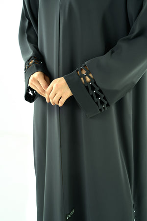 Green Wave Crepe Abaya with Side and Sleeves Loop Detail